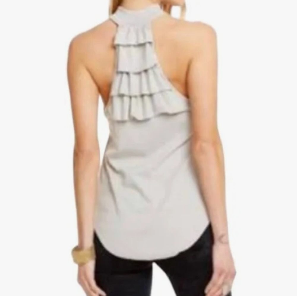 Chaser ,NWT,Vintage Ribbed Tiered Ruffle Back Mock Neck Tank Top Gray M
